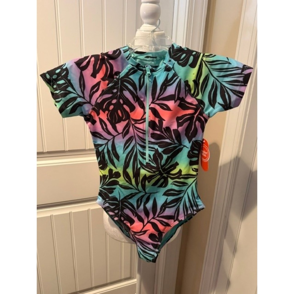 Wonder Nation Girls L 10-12 Rainbow Tropical Palm Zip Short Sleeve Rash Guard